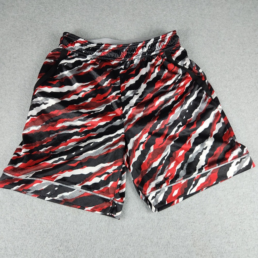 AND1 Basketball Shorts Mens M Red Black White Tiger Stripe Graphic Mesh Athletic